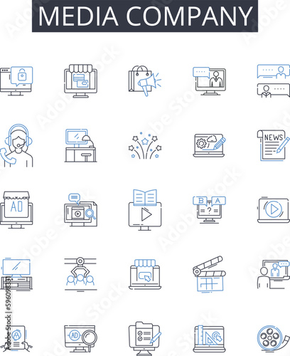 Media company line icons collection. Advertising firm, News outlet, Television nerk, Publishing house, Press agency, Film studio, Broadcasting company vector and linear illustration. Content provider