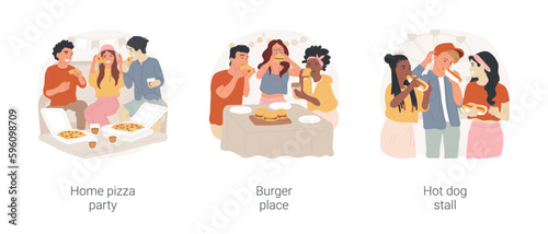Teenagers favorite food isolated cartoon vector illustration set. Home pizza party, teens eating together at home, going to burger place, friends having hot dogs at small table vector cartoon.