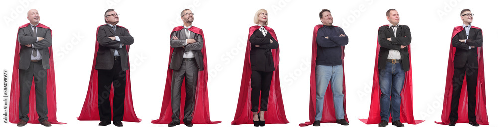 group of people in red raincoat isolated on white - obrazy, fototapety, plakaty 