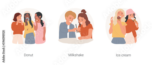 Teenagers favorite sweets isolated cartoon vector illustration set. Teenage girls eating delicious donuts, teen couple drinking milkshake together, friends buy delicious ice cream vector cartoon.