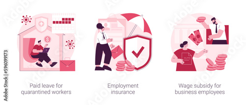 Governmental support for quarantined worker abstract concept vector illustration set. Paid leave, employment insurance, wage subsidy for business employee, sickness benefits support abstract metaphor.