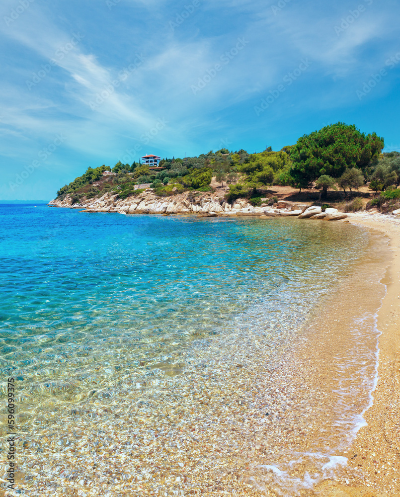 Beautiful summer Aegean Sea rocky coast landscape, Sithonia (near Lagonisi beach), Halkidiki, Greece.