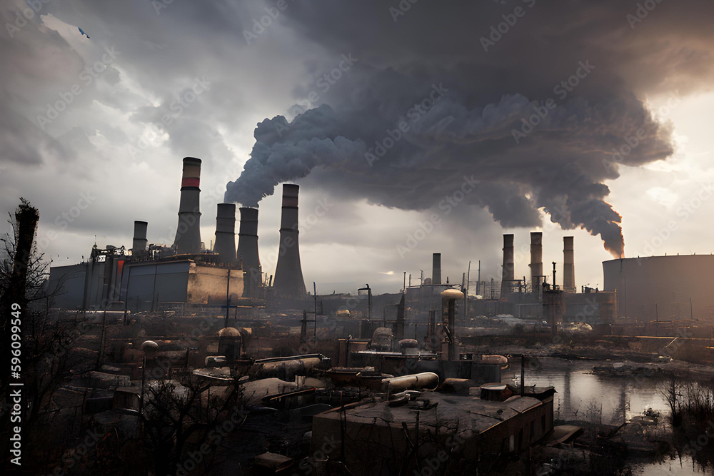 Power plant, chimneys with smoke and fire. Global warming, ecology and climate change concept. AI generated illustration