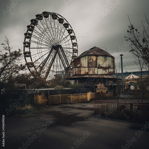 A decaying amusement park with a Ferris wheel, made with generative AI