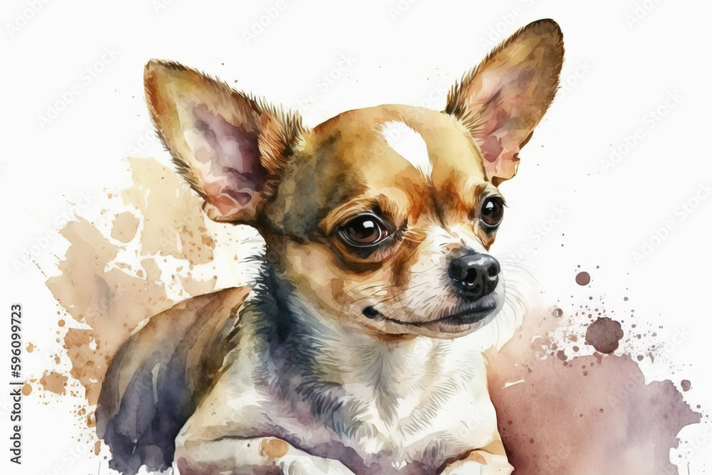 Generative AI. Portrait of a Chihuahua, a popular dog breed. Head of a toy terrier on watercolor background.