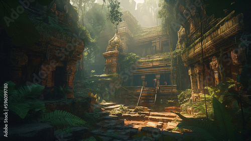 A Dense Tangle Jungle with an over grown temple, made with generative AI