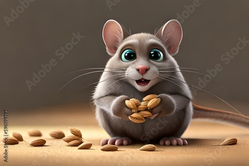 Cartoon mouse eating grain . Generative AI © nali