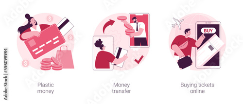Electronic transactions abstract concept vector illustration set. Plastic money, money transfer, buying tickets online, credit and debit card, online cashback service, shopping abstract metaphor.