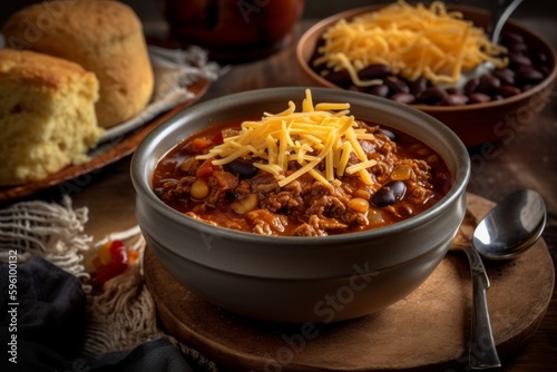 A hearty bowl of chili with tender pulled pork, kidney beans, and diced tomatoes. The chili is topped with shredded cheddar cheese and served with a side of cornbread.Generative AI.