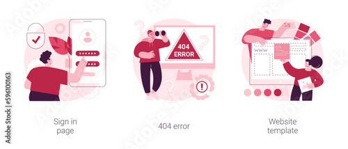 Website page interface abstract concept vector illustration set. Sign in page, 404 error, website template, user login form, UI, new account registration, landing page, web design abstract metaphor.