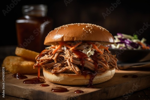 A succulent pulled pork sandwich with a generous amount of tangy barbecue sauce. The sandwich is served on a toasted bun with a side of coleslaw and a pickle. Generative AI.