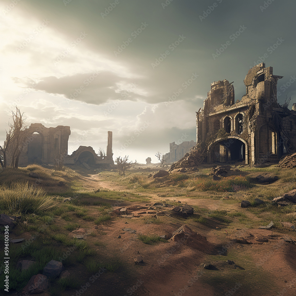 A Barren wasteland with abandoned ruins, made with generative AI