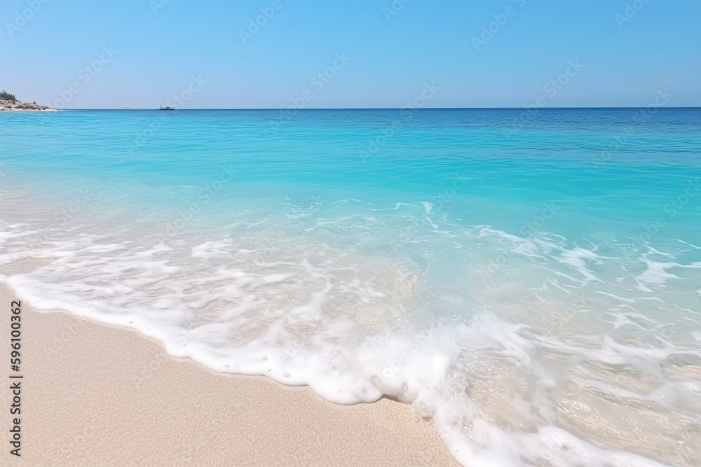 picturesque sandy beach with crystal-clear blue water and bright sunshine. Generative AI picturesque sandy beach with crystal-clear blue water and bright sunshine. Generative AI