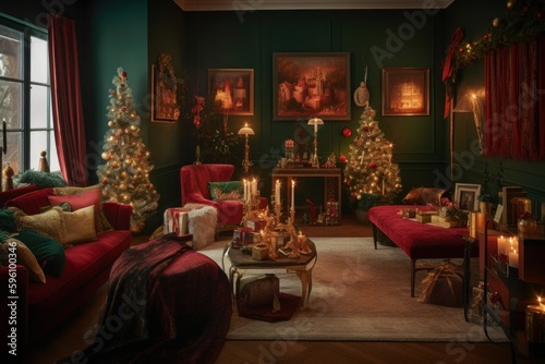 A cozy living room draped in plush fabrics in red and forest green with golden accents, a pile of presents wrapped in luxurious paper with ribbon cascading off the sides of a table. Generative AI