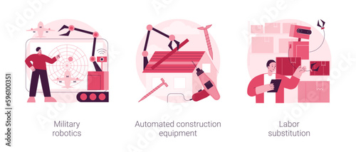 Artificial intelligence in industry abstract concept vector illustration set. Military robotics, automated construction equipment, labor substitution, smart machinery, robotization abstract metaphor.