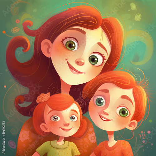 Illustration of a mother with children. AI Generated