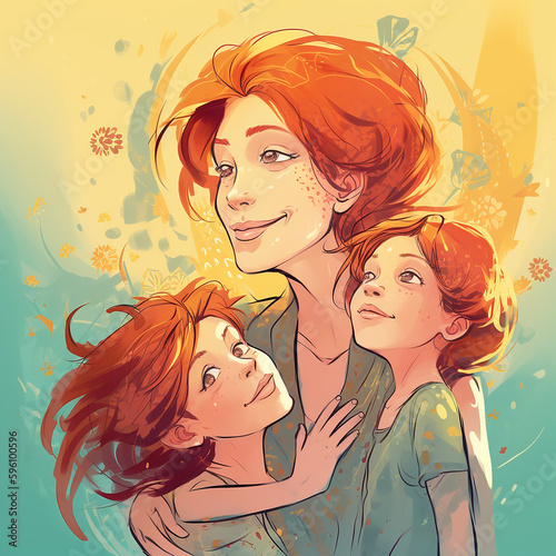 Illustration of a mother with children. AI Generated