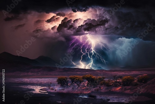 a thunderstorm over a desolate area created with Generative AI technology