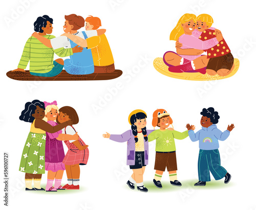 Set of warm hugs between kids