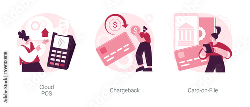 Retail software abstract concept vector illustration set. Cloud POS, chargeback, card-on-File, sale and transaction data storage, bank account, consumer credentials, reward abstract metaphor.