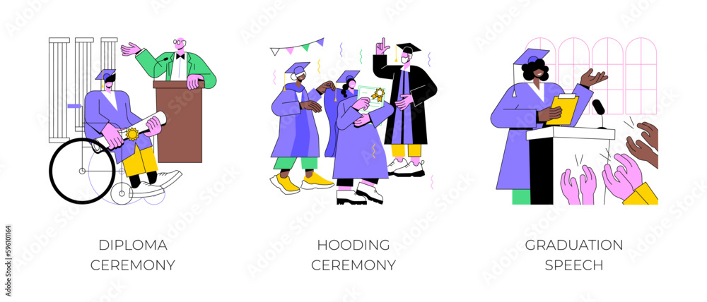 Graduation ceremony isolated cartoon vector illustrations set. Student getting college diploma, professors places the hood over the head of the graduate, giving commencement speech vector cartoon.