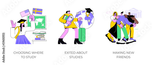Study abroad isolated cartoon vector illustrations set. Choosing country, exited young person holding tickets, get scholarship, university exchange program, diverse students vector cartoon.