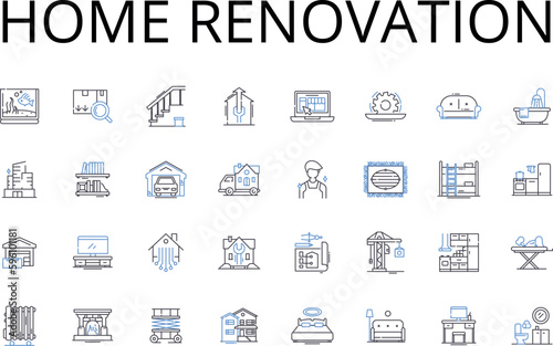Home renovation line icons collection. House remodeling, Property revamp, Kitchen makeover, Bathroom upgrade, Garden transformation, Room improvement, Interior redesign vector and linear illustration