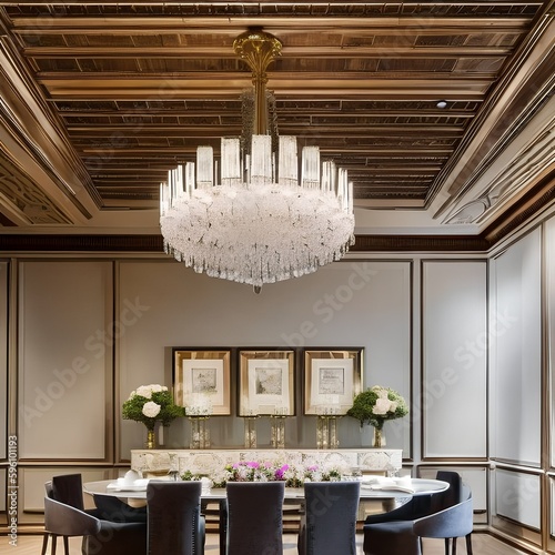 5 A traditional-style dining room with a mix of wooden and upholstered finishes, a classic chandelier, and a large, formal dining table5, Generative AI photo