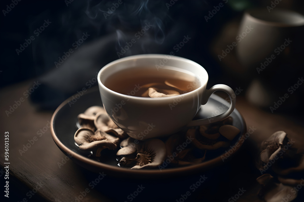 Mushroom tea for health, dried mushrooms and cup of hot steaming tea on the table, dark rustic background. Generative AI