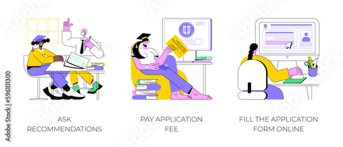 College application isolated cartoon vector illustrations set. School graduate asking for recommendation letter, pay fee online, future student fills form, admission process vector cartoon.