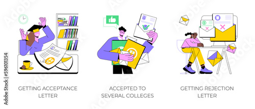 College admission isolated cartoon vector illustrations set. Happy school graduate reading acceptance letter, student accepted to various universities, upset teenager get rejected vector cartoon.