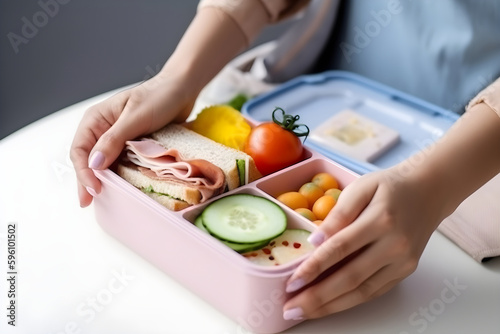 the girl's hands hold a lunch snack in a container. Lunch time at work. Healthy eating concept. Generative AI