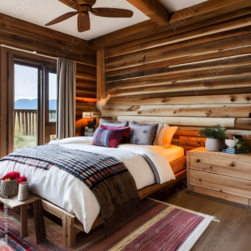 12 A cozy, cabin-inspired bedroom with a mix of wooden and plaid finishes, a classic wooden bed frame, and a mix of patterned and solid bedding3, Generative AI
