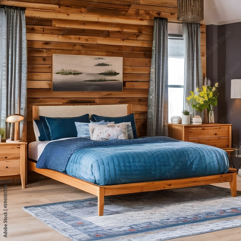 7 A cozy, cottage-inspired bedroom with a mix of wooden and floral finishes, a classic wooden bed frame, and a mix of patterned and solid bedding5, Generative AI