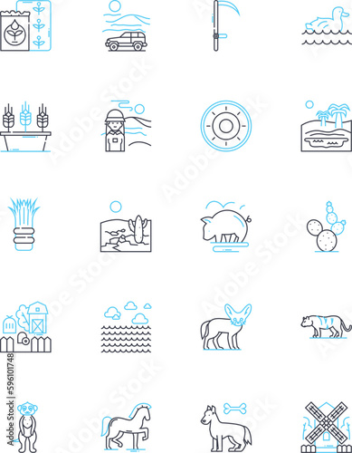 Cultivation linear icons set. Tilling, Planting, Growing, Watering, Fertilizing, Pruning, Harvesting line vector and concept signs. Irrigating,Plowing,Sowing outline illustrations