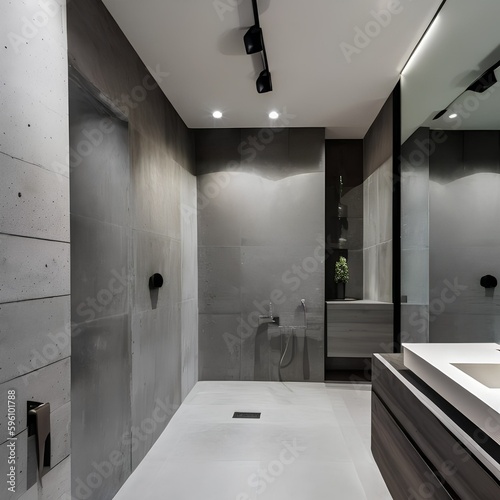 4 A contemporary  minimalist bathroom with a mix of white and concrete finishes  a large  frameless mirror  and a mix of open and closed storage1  Generative AI