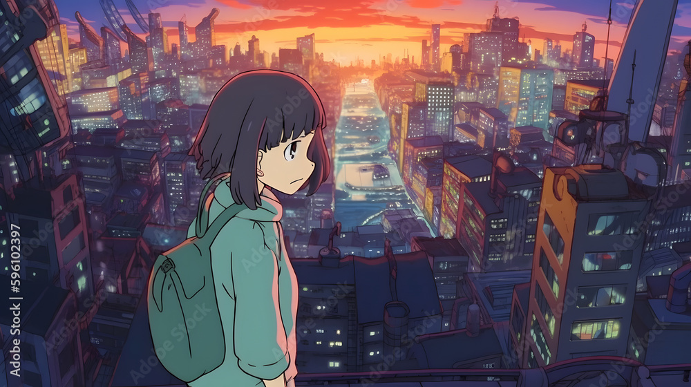 Futuristic Anime Girl in an Asian Metropolis