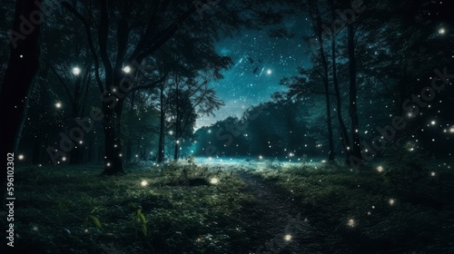 Firefly flying in the forest. Fireflies in the bush at night. Ai generative.