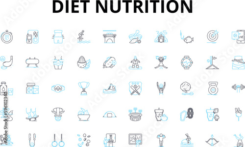 Diet nutrition linear icons set. Protein, Carbohydrates, Minerals, Vitamins, Fiber, Nutrients, Antioxidants vector symbols and line concept signs. Omega-,Superfoods,Detox illustration