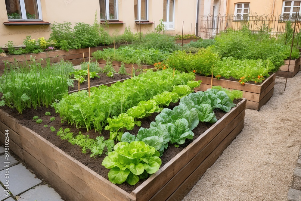 ripe vegetables and green salad grow on beds in the garden