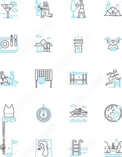 Pleasure field linear icons set. Blissful, Relaxing, Fun, Joyful, Delight, Enjoyable, Thrilling line vector and concept signs. Lively,Satisfaction,Excitement outline illustrations