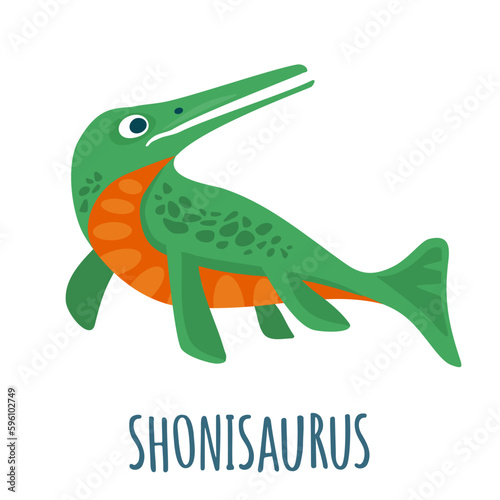 Dinosaur shonisaurus. Vector colorful flat illustration isolated on white. Lettering plesiosaur.