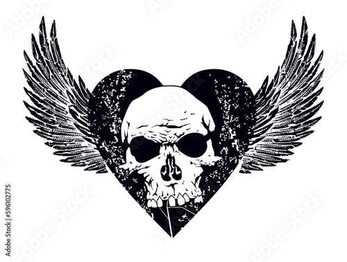 T-shirt design of a black winged heart with a skull. vector illustration ideal for a heavy rock album cover