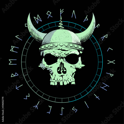 T-shirt vector design of a viking skull with horns over an inverted star and runic characters isolated on black. Poster	