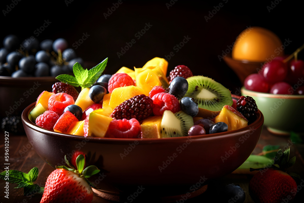 Fruit fresh salad with various fruits in bowl on black background. Fruit fresh salad with various fruits in bowl on black background.