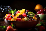 Fruit fresh salad with various fruits in bowl on black background.