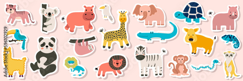 Vector seamless pattern with lion, toucan, parrot, crocodile, zebra, elephant, sloth.Tropical jungle cartoon creatures.Cute natural pattern for fabric, childrens clothing,textiles,wrapping paper.