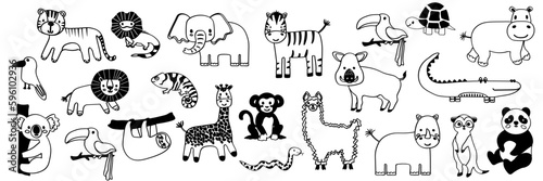 Vector seamless pattern with lion, toucan, parrot, crocodile, zebra, elephant, sloth.Tropical jungle cartoon creatures.Cute natural pattern for fabric, childrens clothing,textiles,wrapping paper. © Оксана Омельченко