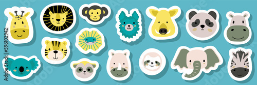 Vector mega sticker set with tiger,lion,zebra,giraffe,elephant,lizard,rhinoceros, sloth,koala,monkey,meerkat,panda,llama,hippopotamus,boar.Tropical jungle cartoon creatures.