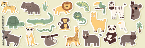 Vector seamless pattern with lion, toucan, parrot, crocodile, zebra, elephant, sloth.Tropical jungle cartoon creatures.Cute natural pattern for fabric, childrens clothing,textiles,wrapping paper. © Оксана Омельченко